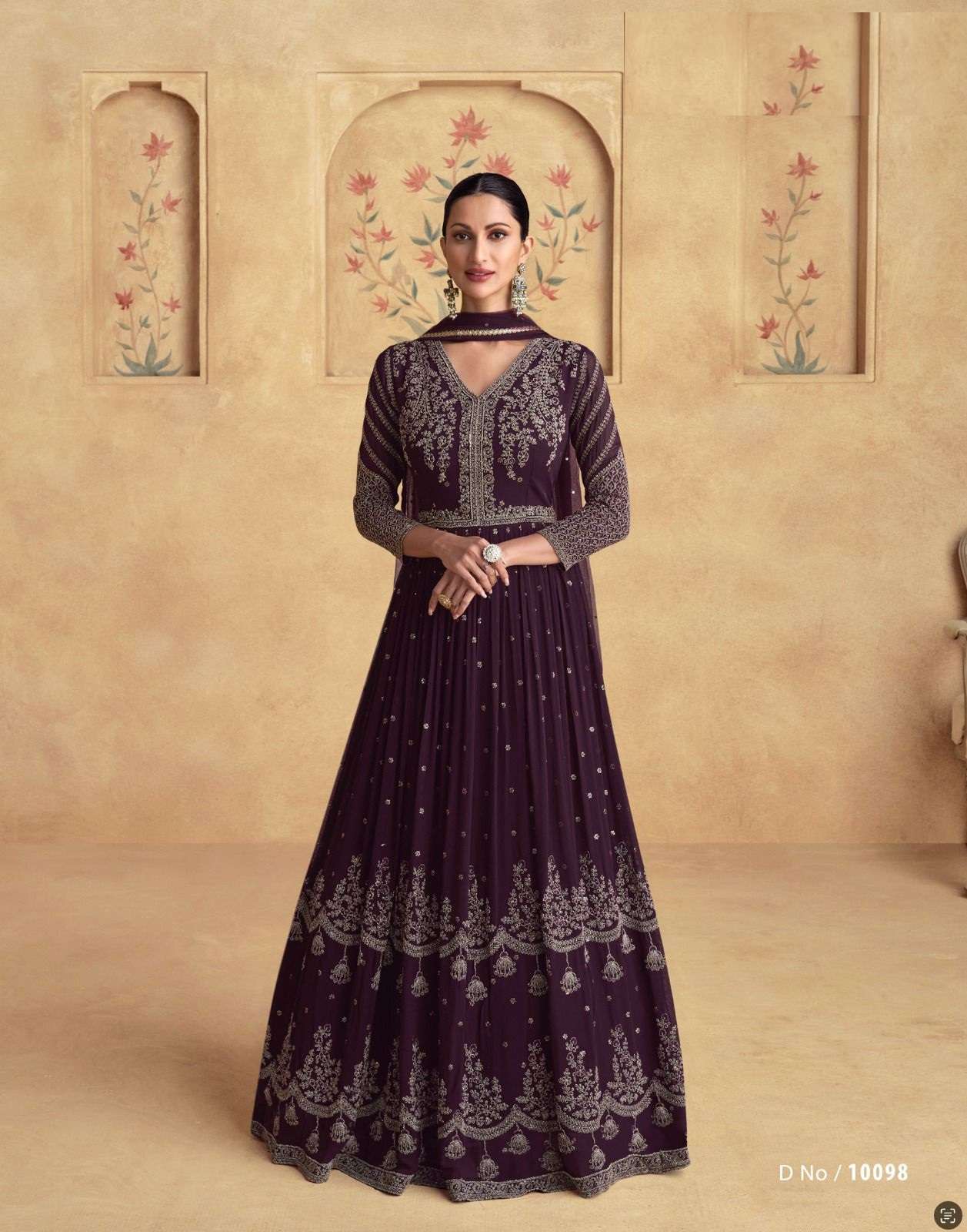 DESIGNER WEDDING PARTY WEAR REAL CHINON WINE KOTI JACKET STYLE ANARKALI SALWAR SUIT AF ALFAAZ 10098