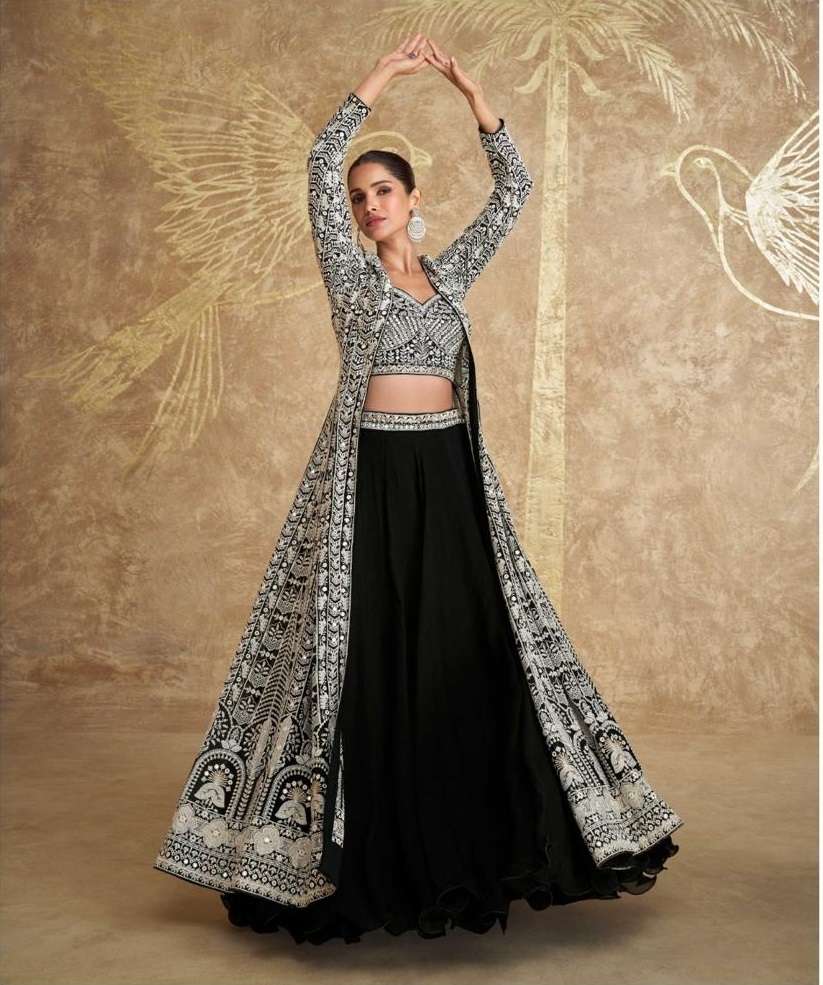 DESIGNER WEDDING PARTY WEAR REAL GEORGETTE BLACK KOTI LEHENGA SKIRT STYLE LEHENGA KOTI SUIT SY ZOYA 5626