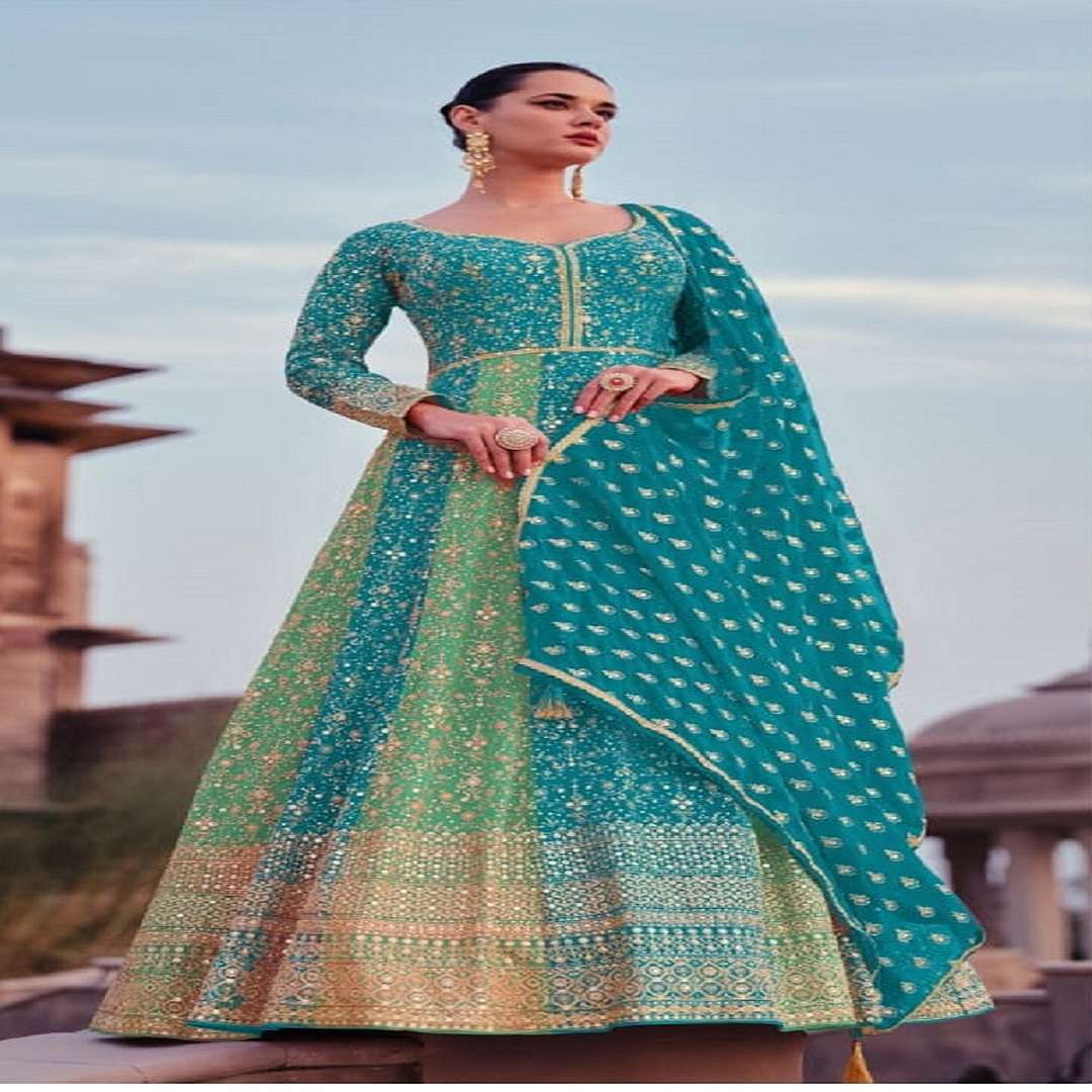 DESIGNER WEDDING PARTY WEAR REAL GEORGETTE BLUE GREEN ANARKALI SALWAR SUIT GOWN WITH DUPATTA RH ADVIRA 5417 B