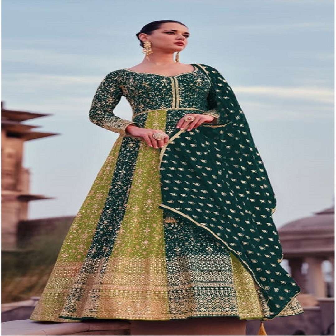 DESIGNER WEDDING PARTY WEAR REAL GEORGETTE GREEN ANARKALI SALWAR SUIT GOWN WITH DUPATTA RH ADVIRA 5417 C