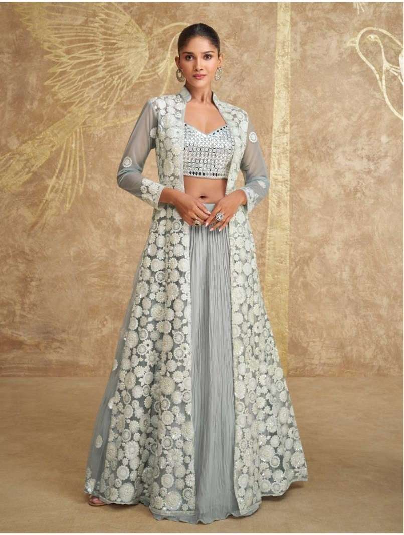 DESIGNER WEDDING PARTY WEAR REAL GEORGETTE GREY KOTI LEHENGA SKIRT STYLE LEHENGA KOTI SUIT SY ZOYA 5628