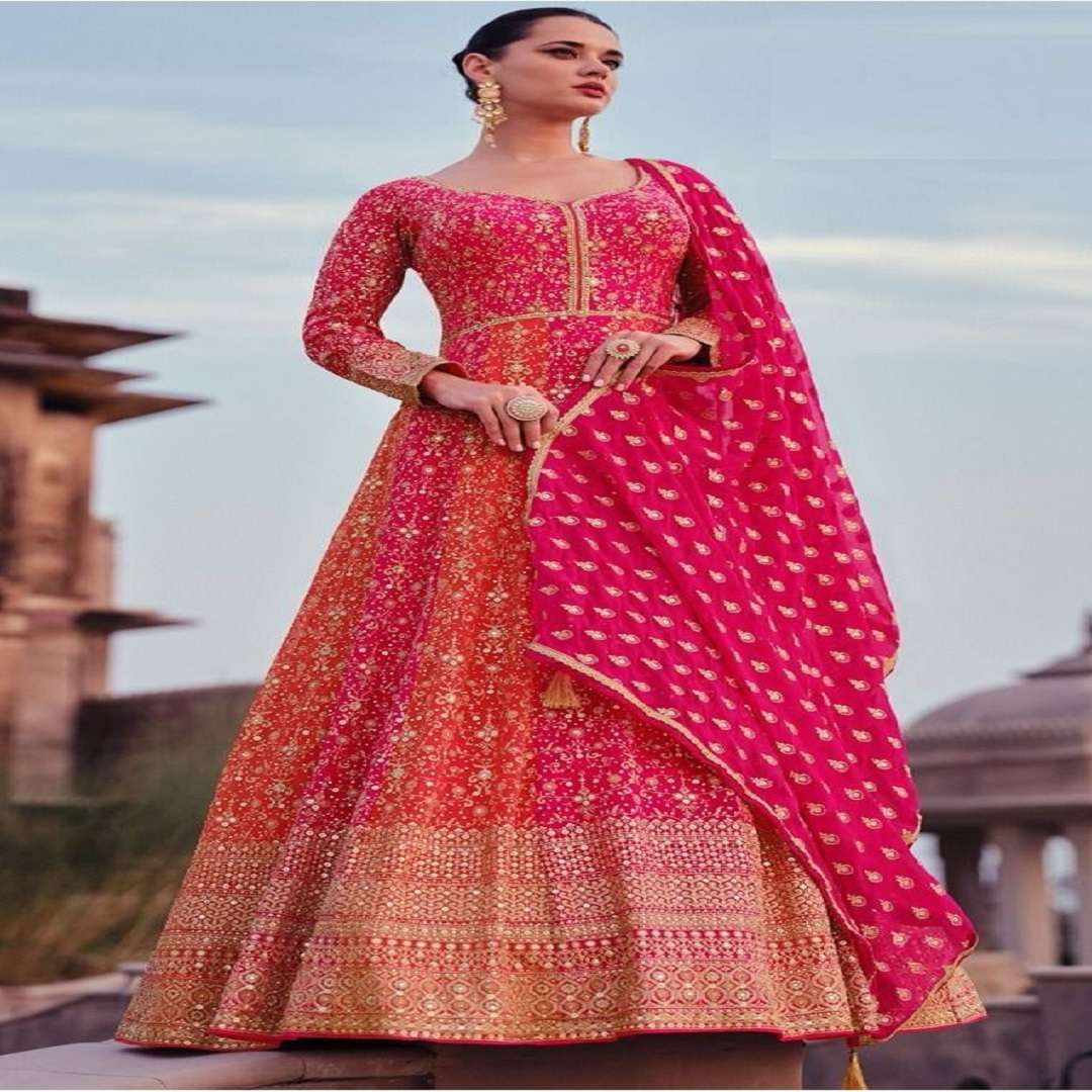 DESIGNER WEDDING PARTY WEAR REAL GEORGETTE ORANGE PINK ANARKALI SALWAR SUIT GOWN WITH DUPATTA RH ADVIRA 5417 A