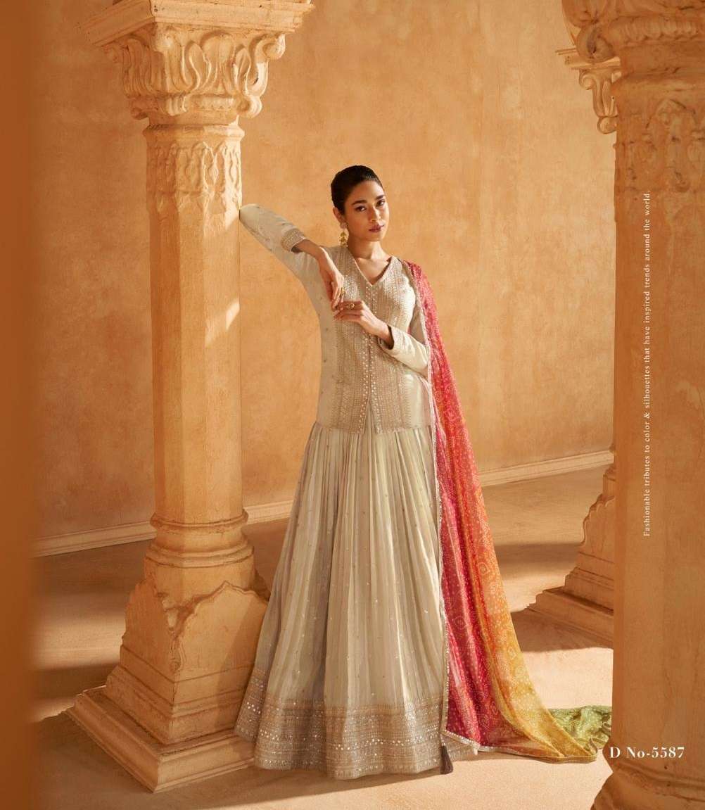 DESIGNER WEDDING PARTY WEAR SILK CHIKU SKIRT TOP STYLE SALWAR SUIT SY TORAN 5587