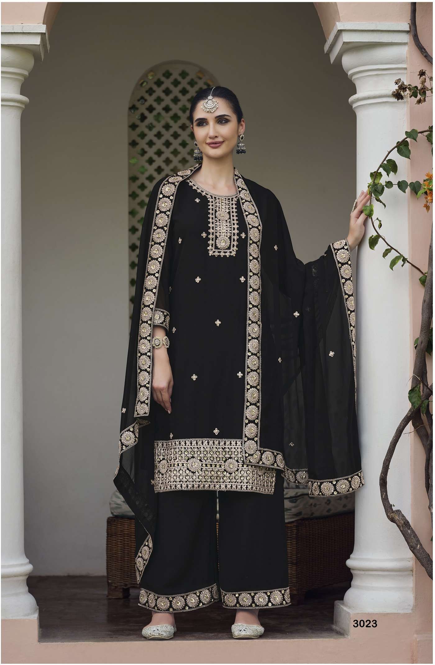 INDIAN DESIGNER FANCY WEDDING PARTY WEAR BLACK GEORGETTES PALLAZO SHARARA SALWAR SUIT SENHORA AMYRA 3023