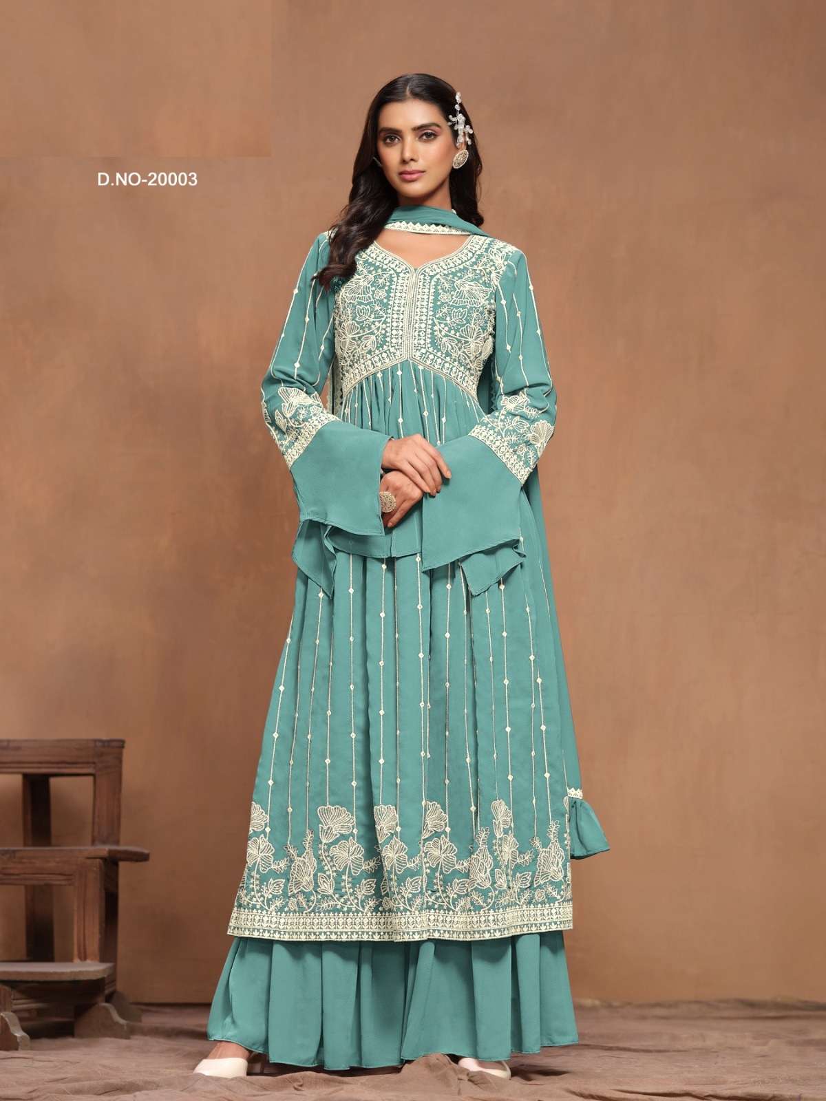 INDIAN DESIGNER FANCY WEDDING PARTY WEAR BLUE GEORGETTE PALLAZO SHARARA SALWAR SUIT ANY 20003