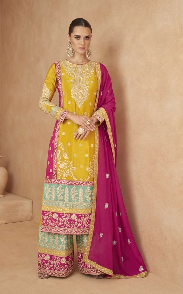 INDIAN DESIGNER FANCY WEDDING PARTY WEAR CHINON SILK YELLOW PALLAZO SHARARA SALWAR SUIT SRH GULKAYRA 7440 A