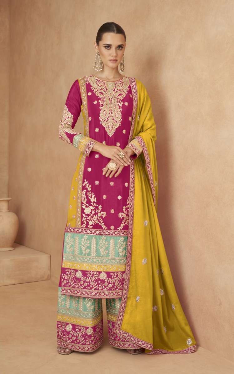 INDIAN DESIGNER FANCY WEDDING PARTY WEAR CHINON SILK PINK PALLAZO SHARARA SALWAR SUIT SRH GULKAYRA 7440 B