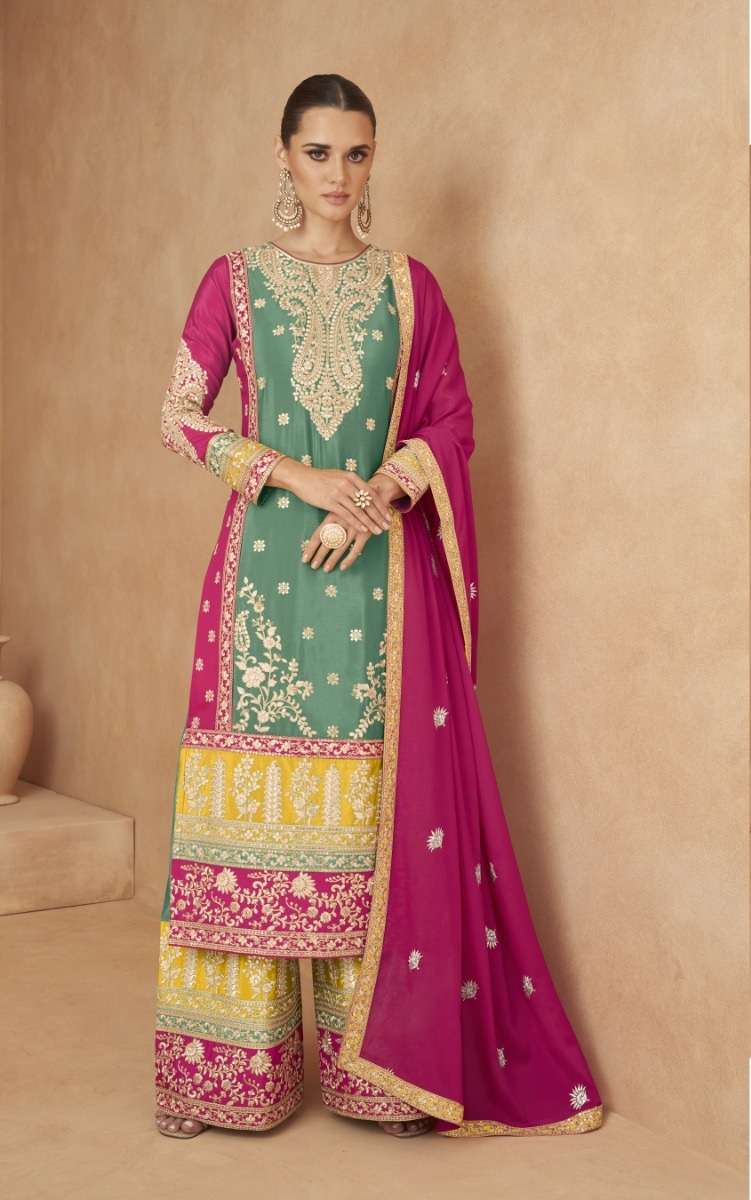 INDIAN DESIGNER FANCY WEDDING PARTY WEAR CHINON SILK GREEN PALLAZO SHARARA SALWAR SUIT SRH GULKAYRA 7440 C