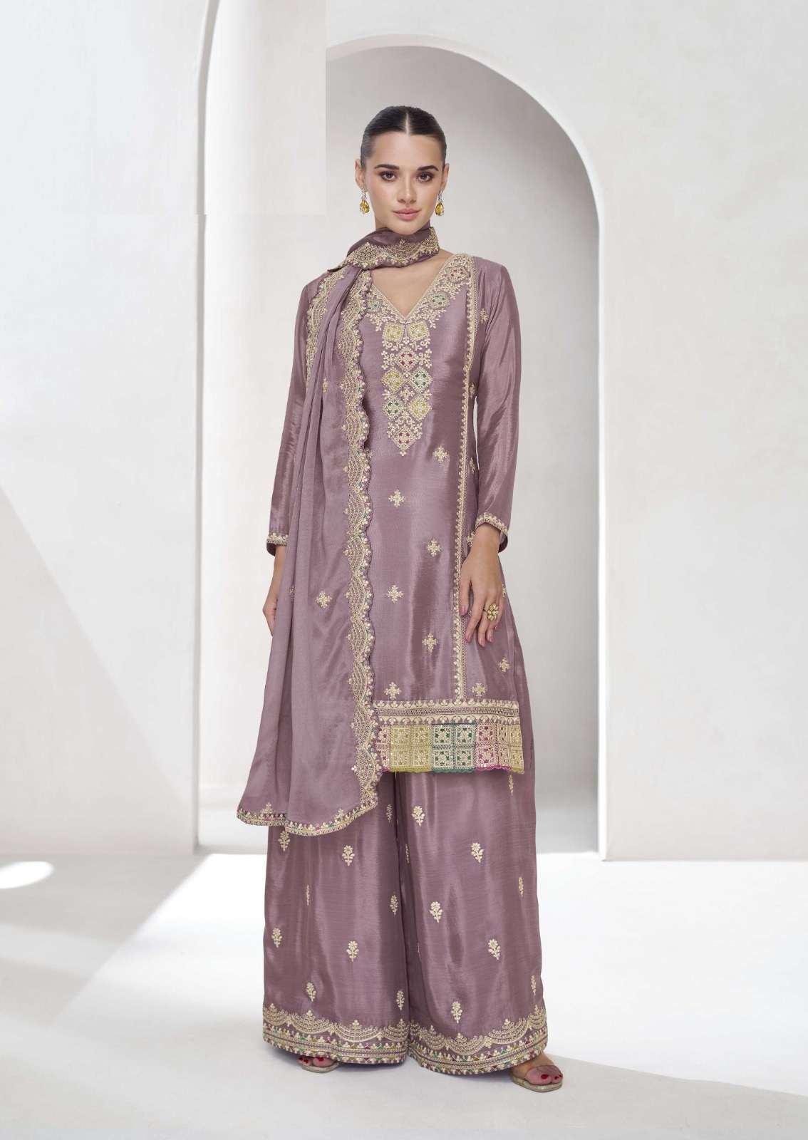 INDIAN DESIGNER FANCY WEDDING PARTY WEAR CHINON SILK PINK PALLAZO SHARARA SALWAR SUIT GL VAANAYA 10035