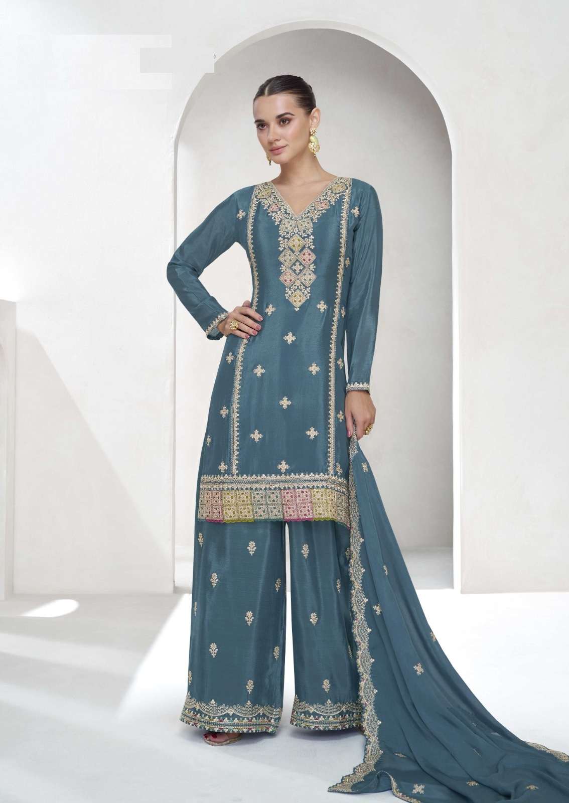 INDIAN DESIGNER FANCY WEDDING PARTY WEAR CHINON SILK BLUE PALLAZO SHARARA SALWAR SUIT GL VAANAYA 1003