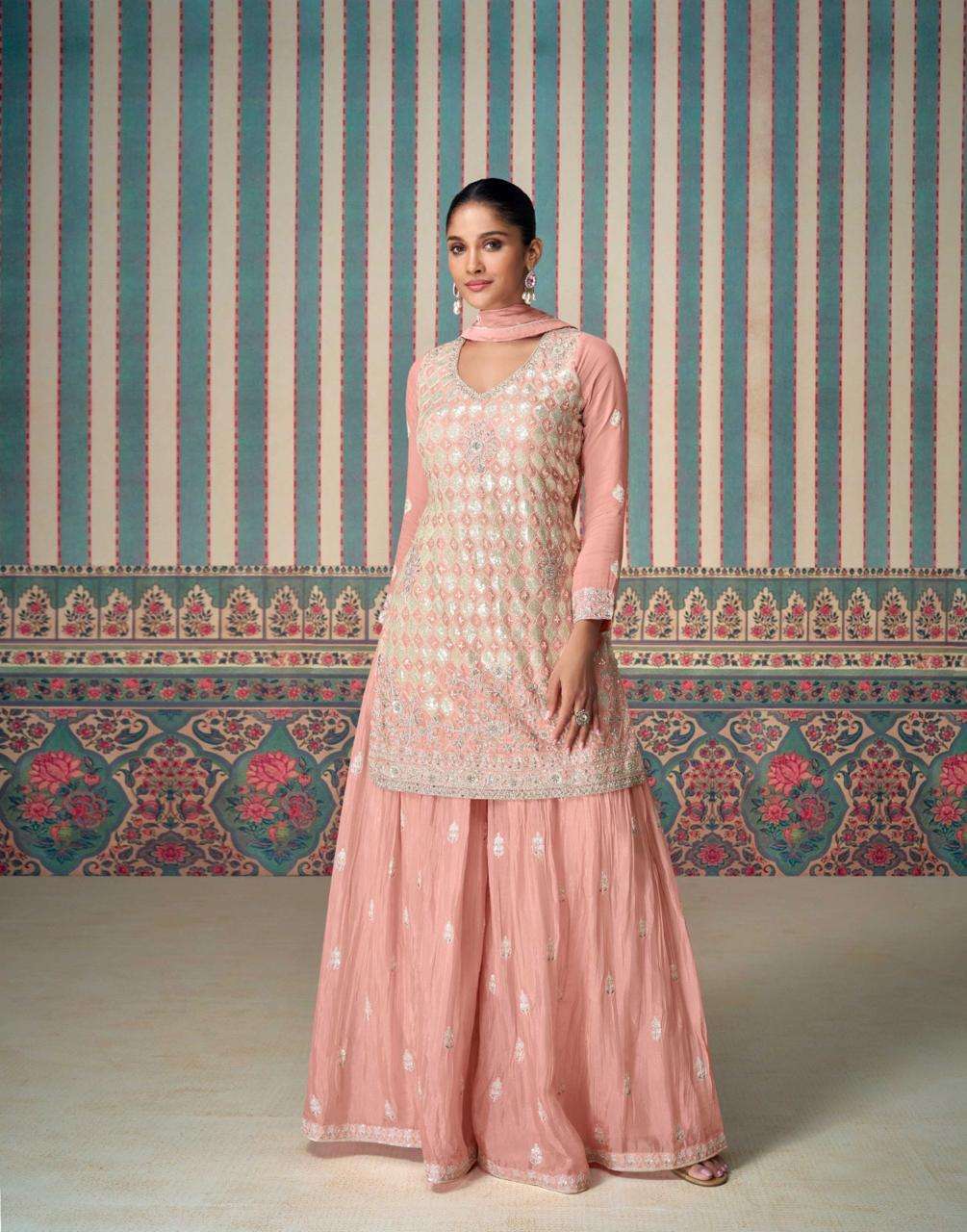 INDIAN DESIGNER FANCY WEDDING PARTY WEAR CHINON SILK PEACH PALLAZO SHARARA SALWAR SUIT SY SHAGUN 5617