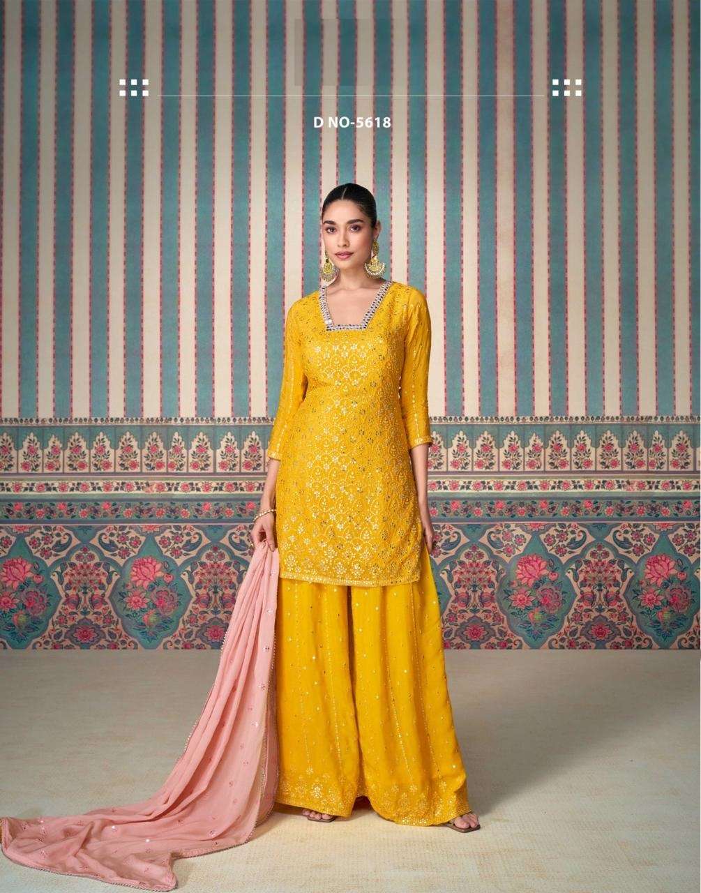 INDIAN DESIGNER FANCY WEDDING PARTY WEAR CHINON SILK YELLOW PALLAZO SHARARA SALWAR SUIT SY SHAGUN 5618