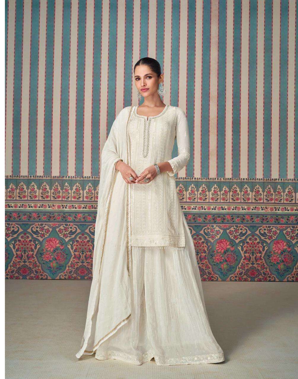 INDIAN DESIGNER FANCY WEDDING PARTY WEAR CHINON SILK WHITE PALLAZO SHARARA SALWAR SUIT SY SHAGUN 5619