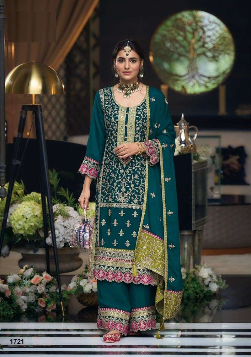 INDIAN DESIGNER FANCY WEDDING PARTY WEAR DARK GREEN CHINON PALLAZO SHARARA SALWAR SUIT DST EB SIMRAN 1721