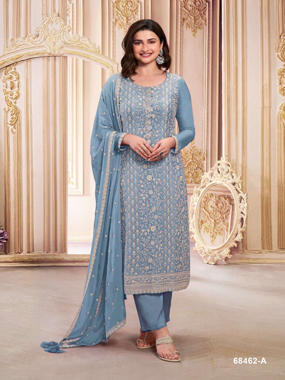 INDIAN DESIGNER FANCY WEDDING PARTY WEAR FAUX GEORGETTE BLUE STRAIGHT SALWAR SUIT SRH 68462 A