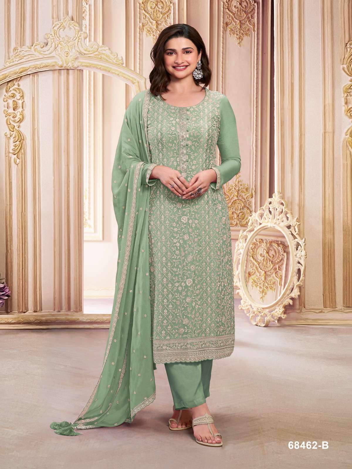 INDIAN DESIGNER FANCY WEDDING PARTY WEAR FAUX GEORGETTE GREEN STRAIGHT SALWAR SUIT SRH 68462 B