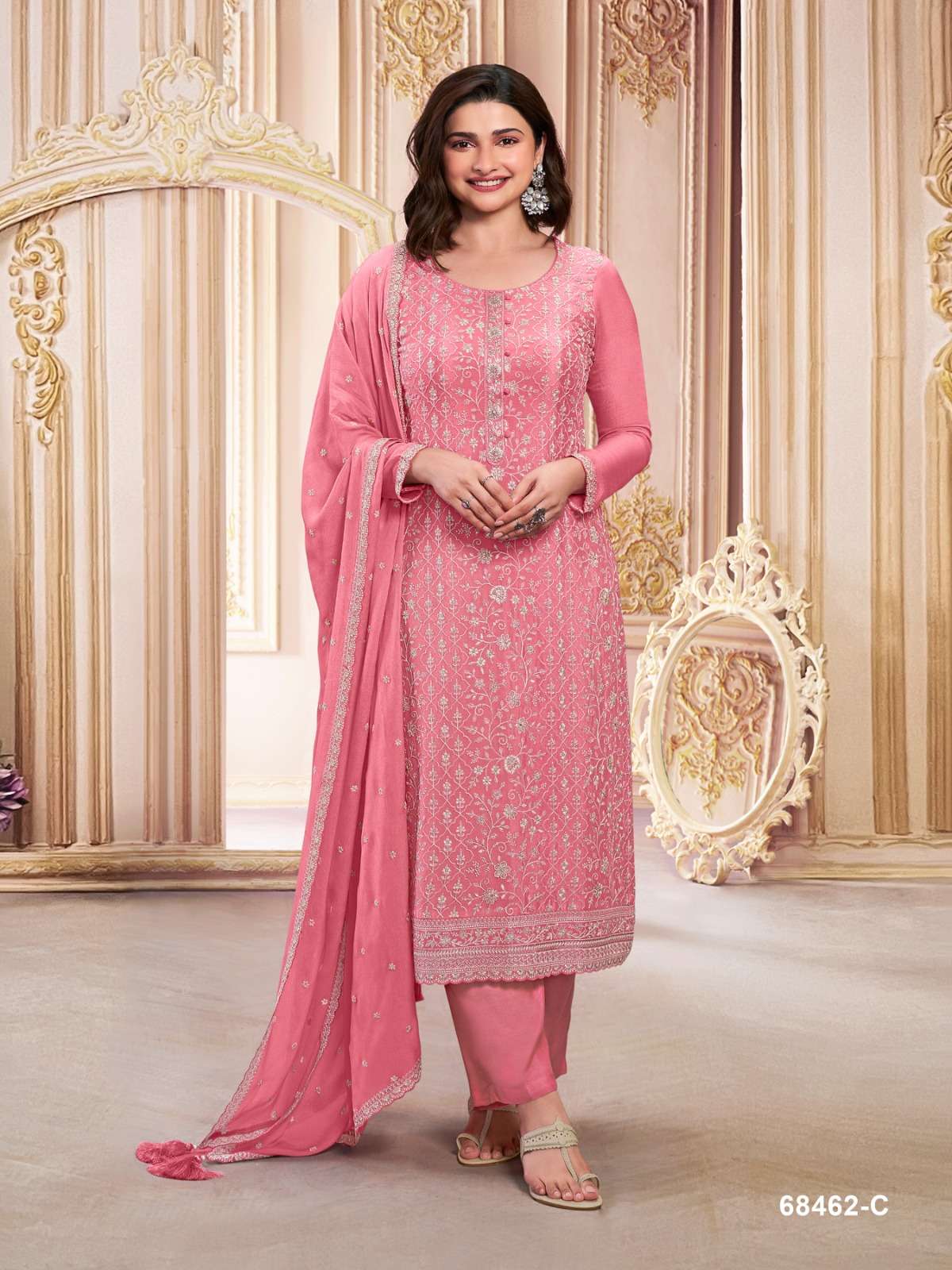 INDIAN DESIGNER FANCY WEDDING PARTY WEAR FAUX GEORGETTE PINK STRAIGHT SALWAR SUIT SRH 68462 C