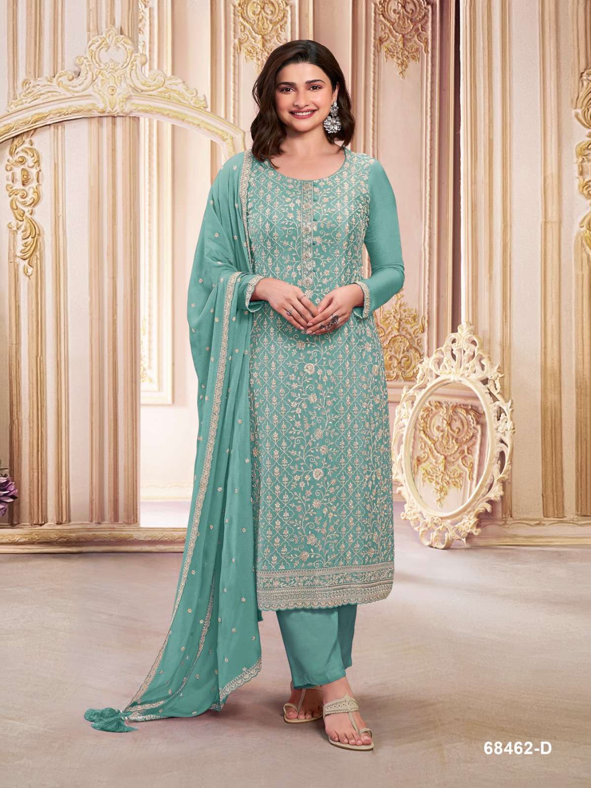 INDIAN DESIGNER FANCY WEDDING PARTY WEAR FAUX GEORGETTE TEAL BLUE STRAIGHT SALWAR SUIT SRH 68462 D