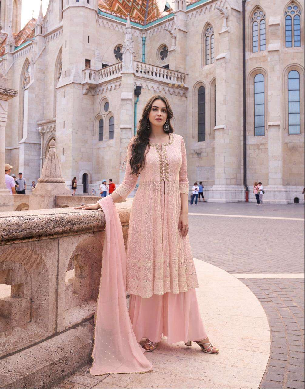 INDIAN DESIGNER FANCY WEDDING PARTY WEAR GEORGETTE PEACH PALLAZO SHARARA SALWAR SUIT SY AFSANAA 5588