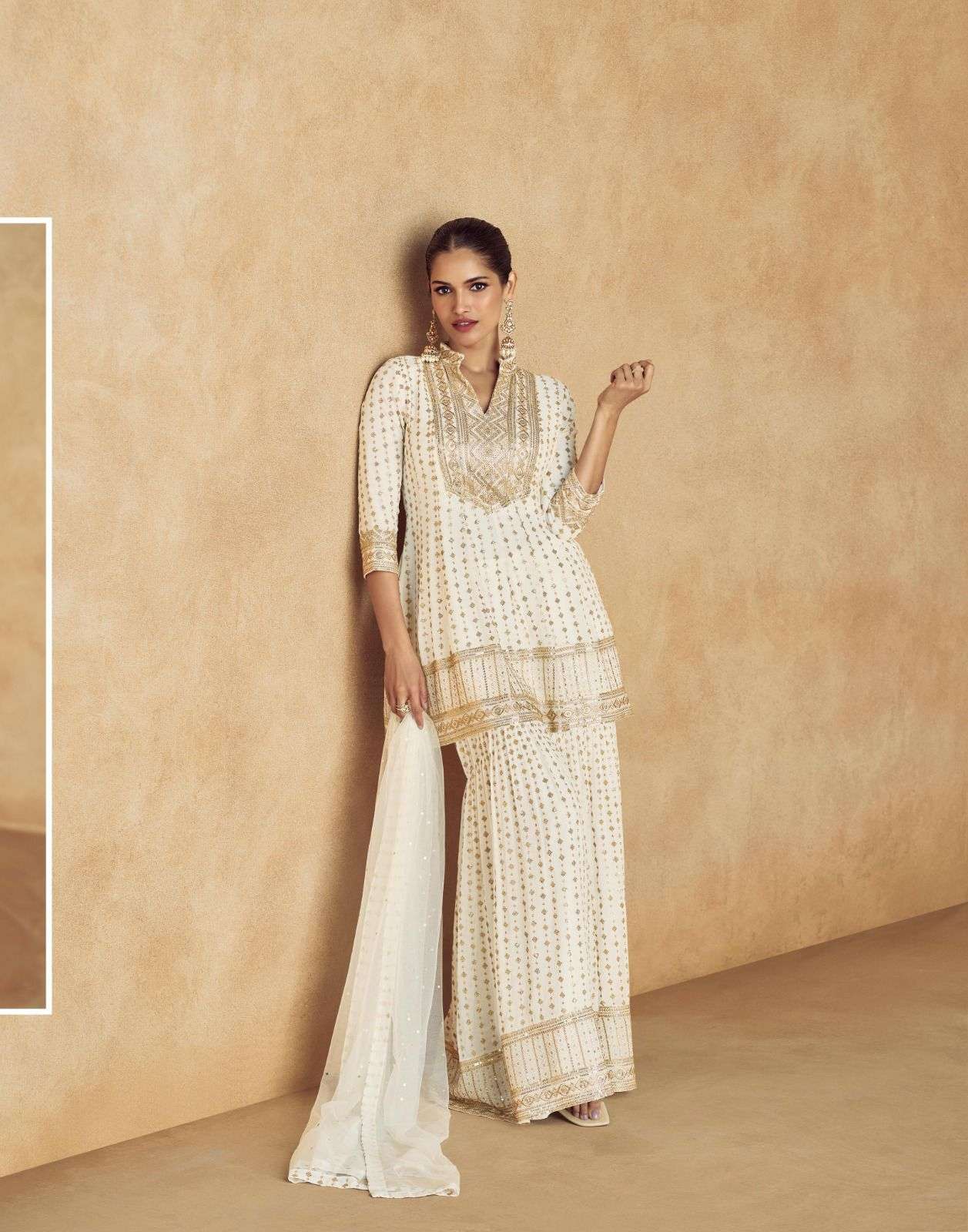 INDIAN DESIGNER FANCY WEDDING PARTY WEAR GEORGETTE OFF WHITE PALLAZO SHARARA SALWAR SUIT AF NUSRAT 10065