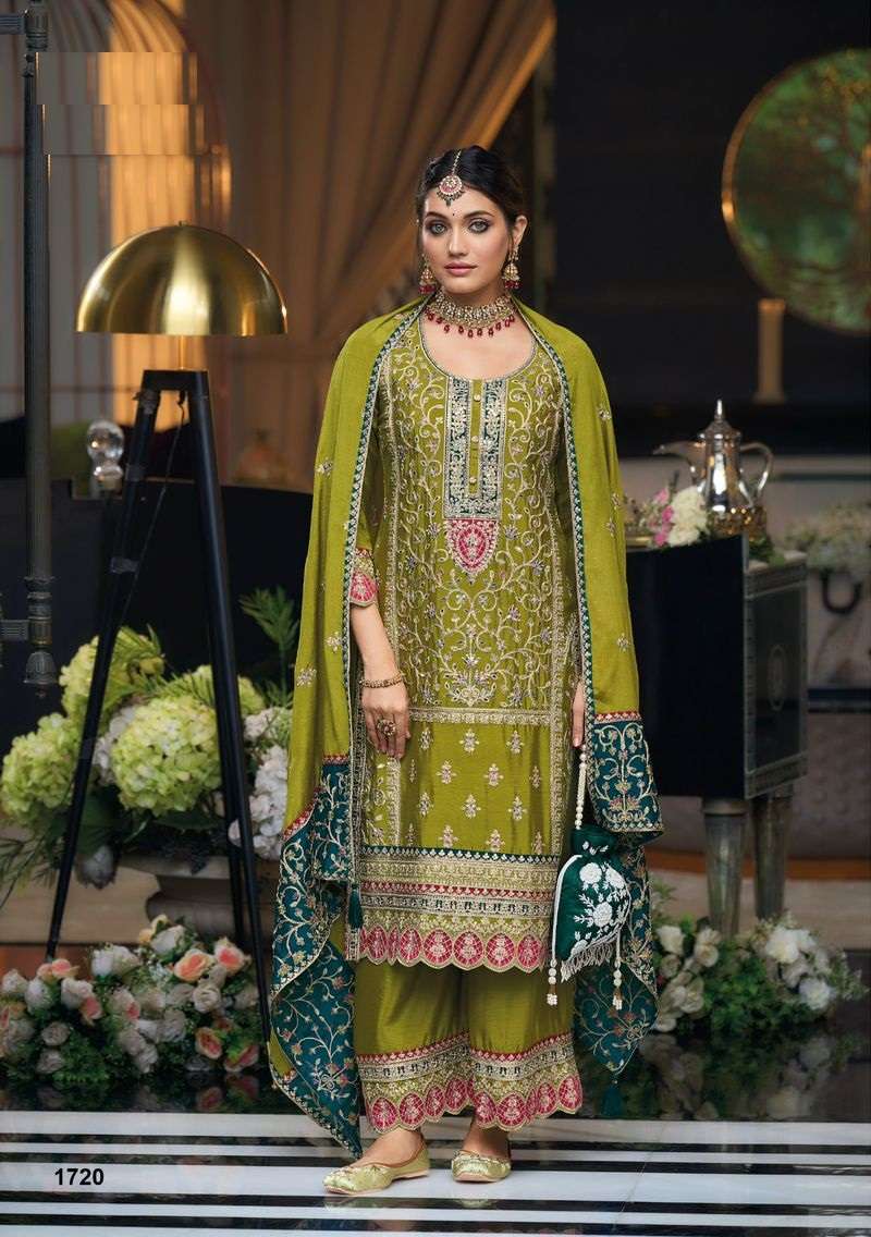 INDIAN DESIGNER FANCY WEDDING PARTY WEAR GREEN CHINON PALLAZO SHARARA SALWAR SUIT DST EB SIMRAN 1720