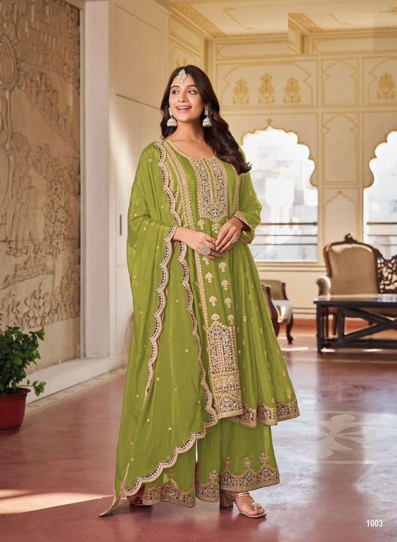 INDIAN DESIGNER FANCY WEDDING PARTY WEAR GREEN CHINON PALLAZO SHARARA SALWAR SUIT RH GLORINA 1003