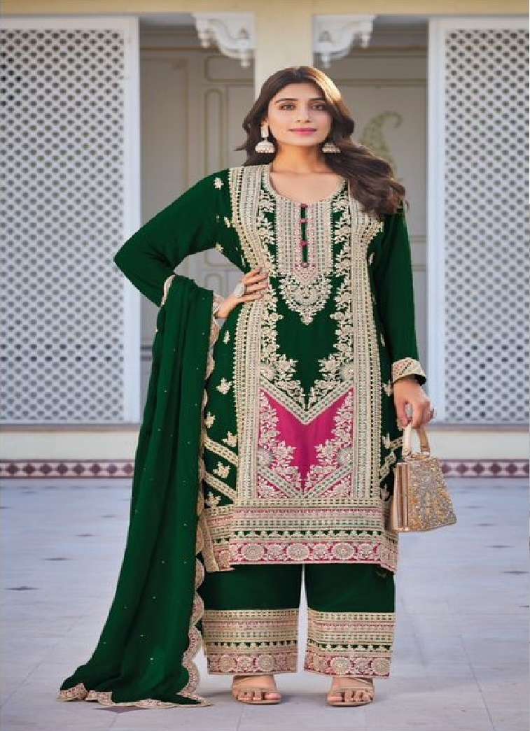 INDIAN DESIGNER FANCY WEDDING PARTY WEAR GREEN CHINON PALLAZO SHARARA SALWAR SUIT RH GLAMUP 1003