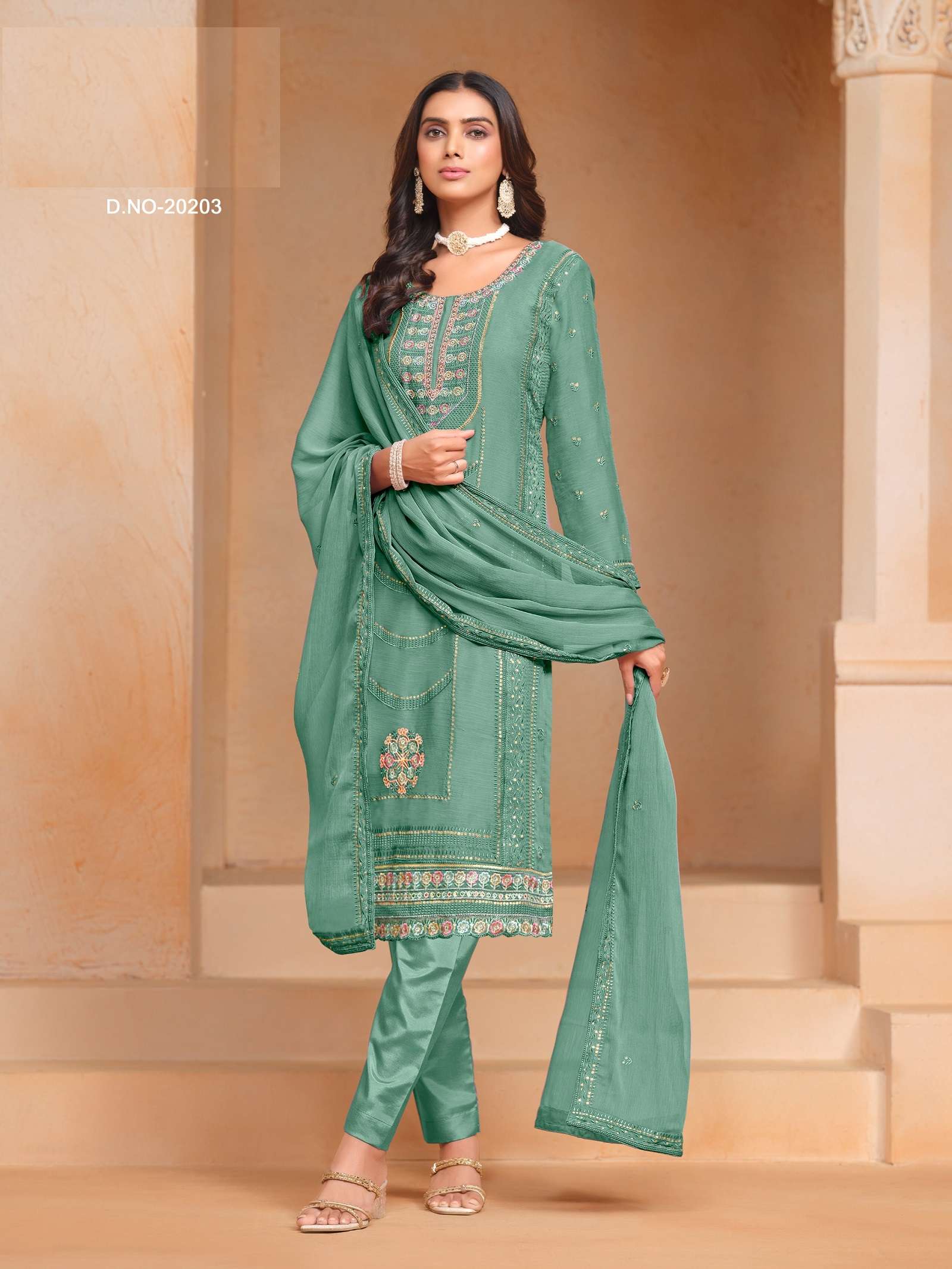 INDIAN DESIGNER FANCY WEDDING PARTY WEAR GREEN ORGANZA CHIFFON STRAIGHT SALWAR SUIT ANY 20203