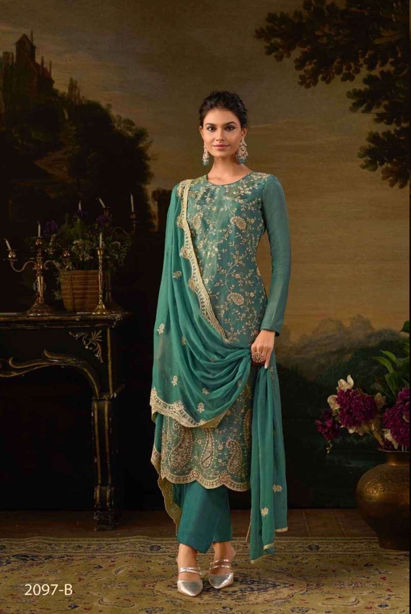 INDIAN DESIGNER FANCY WEDDING PARTY WEAR GREEN SILK STRAIGHT SALWAR SUIT CPR 2097 B