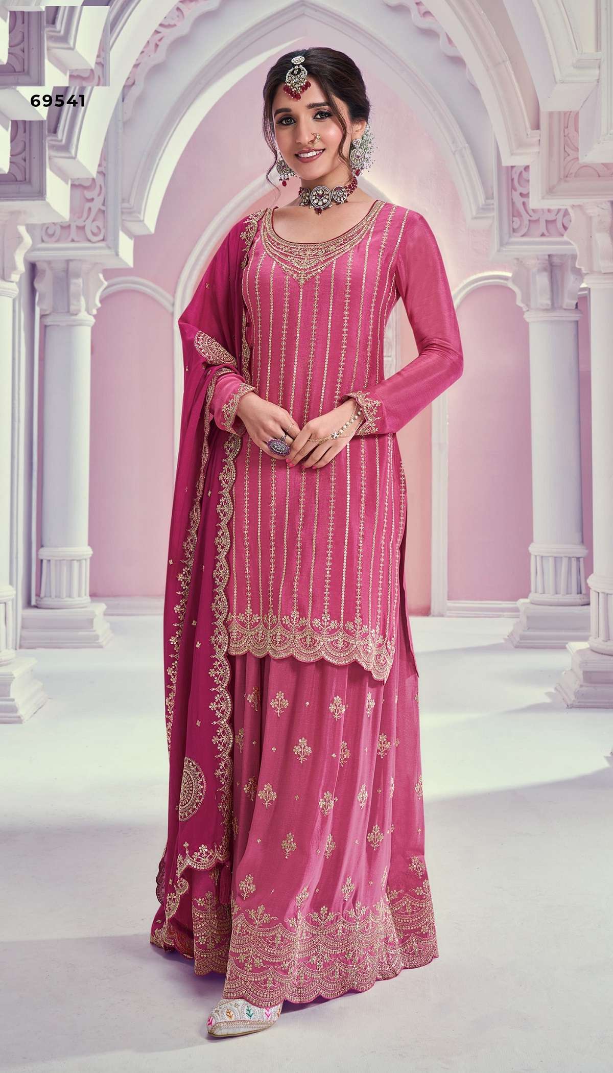 INDIAN DESIGNER FANCY WEDDING PARTY WEAR HEAVY CHINON PINK PALLAZO SHARARA SALWAR SUIT 69541