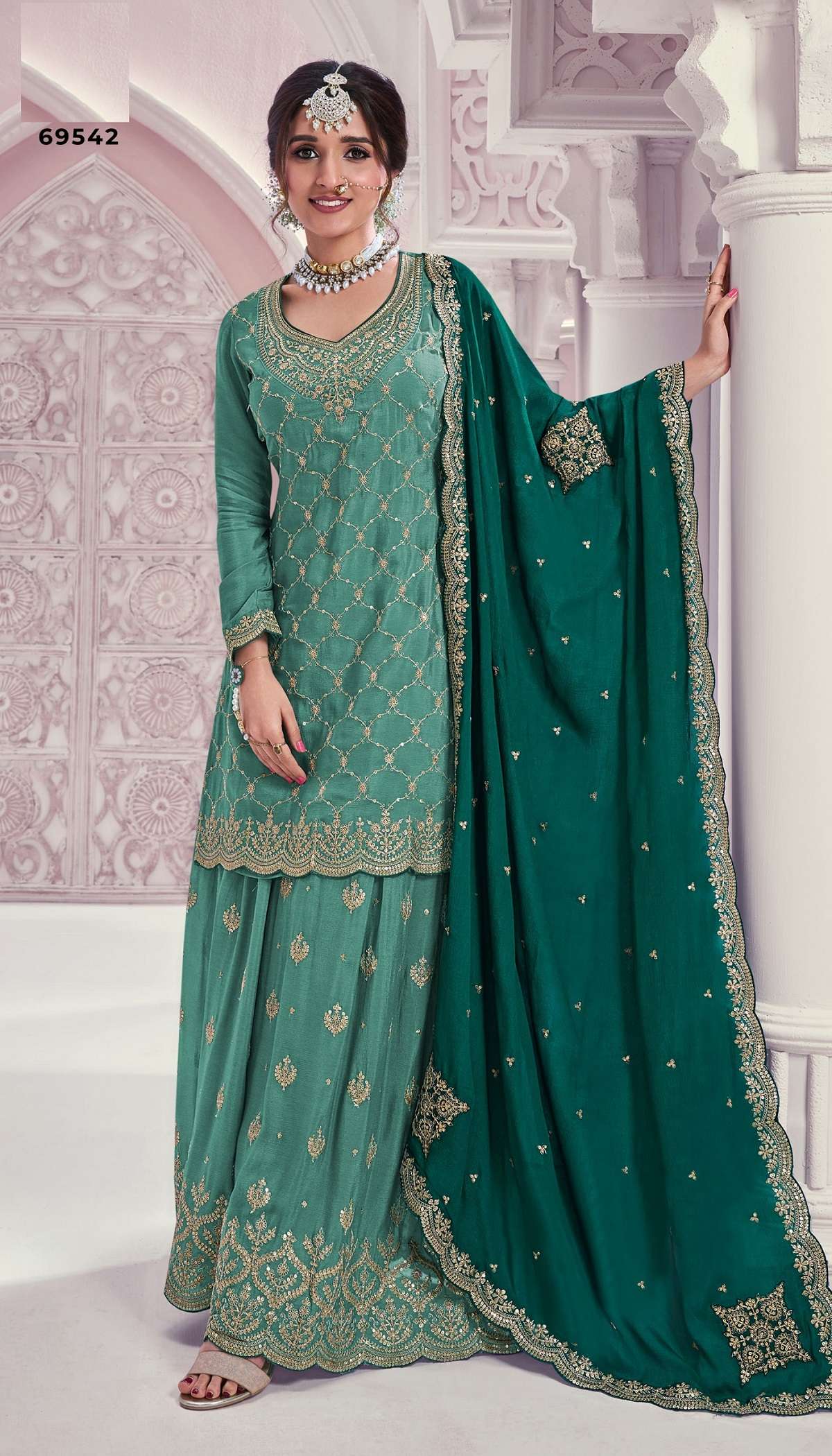 INDIAN DESIGNER FANCY WEDDING PARTY WEAR HEAVY CHINON GREEN PALLAZO SHARARA SALWAR SUIT 69542