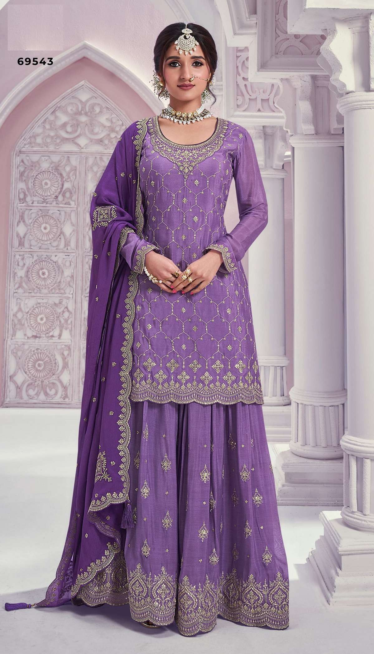 INDIAN DESIGNER FANCY WEDDING PARTY WEAR HEAVY CHINON PURPLE PALLAZO SHARARA SALWAR SUIT 69543