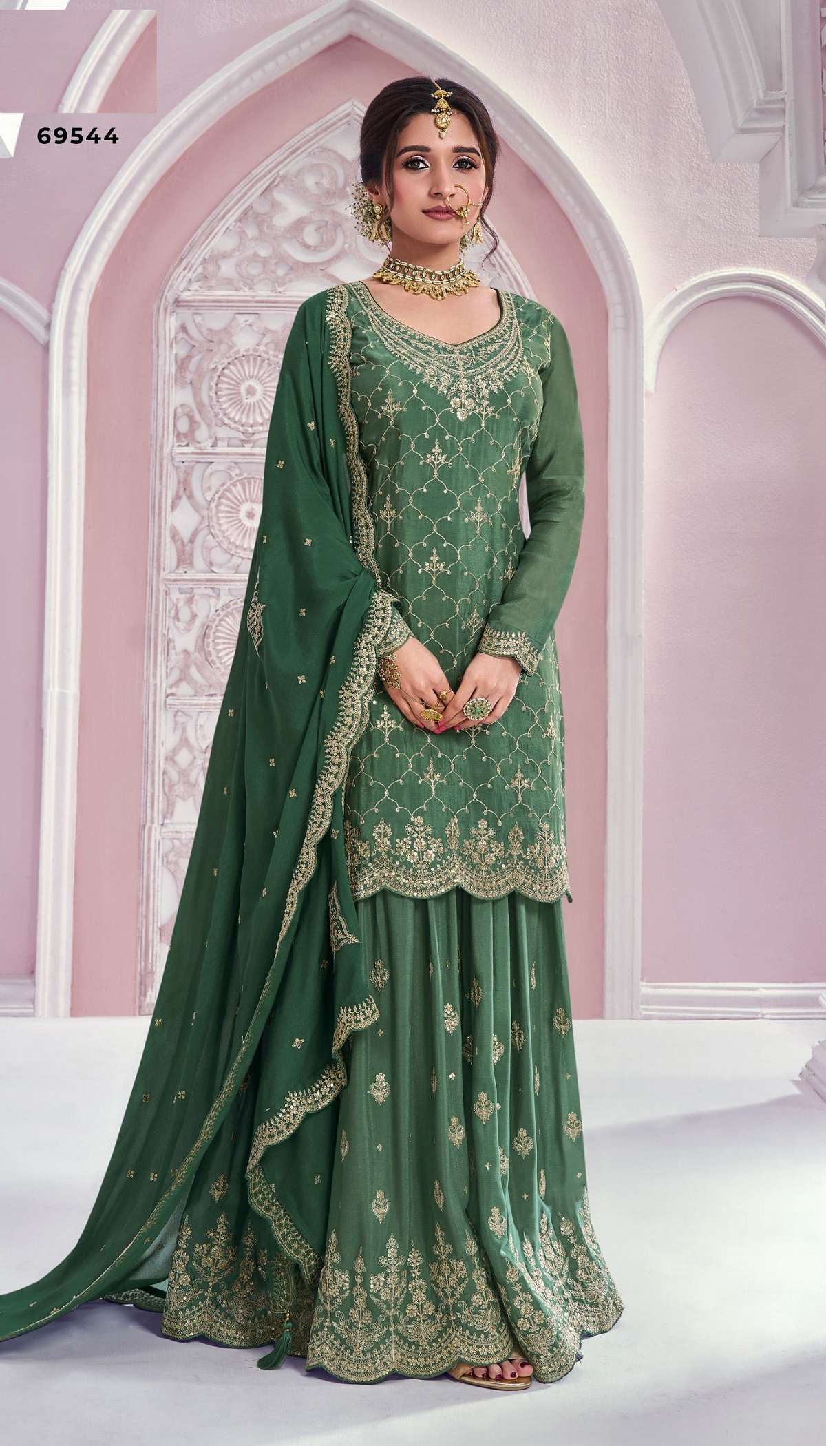 INDIAN DESIGNER FANCY WEDDING PARTY WEAR HEAVY CHINON GREEN PALLAZO SHARARA SALWAR SUIT 69544