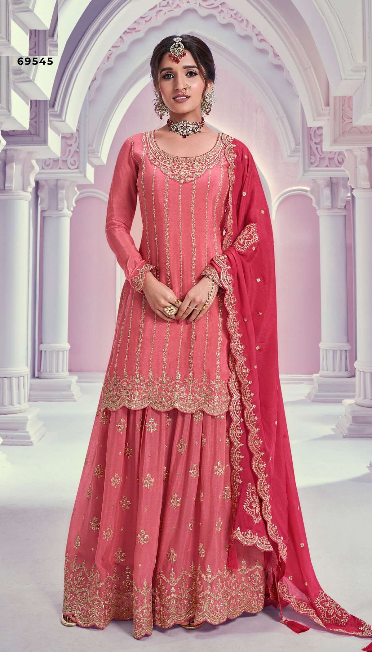 INDIAN DESIGNER FANCY WEDDING PARTY WEAR HEAVY CHINON ORANGE PALLAZO SHARARA SALWAR SUIT 69545