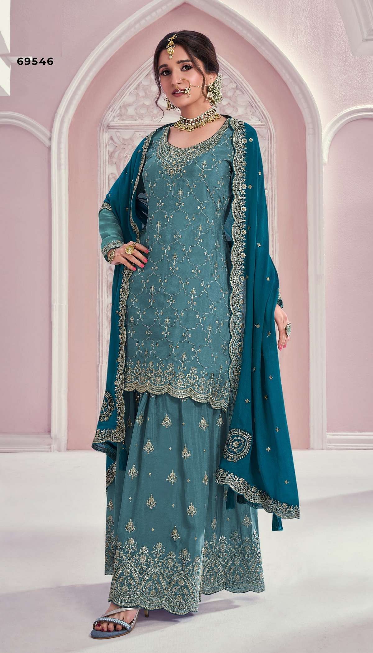 INDIAN DESIGNER FANCY WEDDING PARTY WEAR HEAVY CHINON BLUE PALLAZO SHARARA SALWAR SUIT 69546