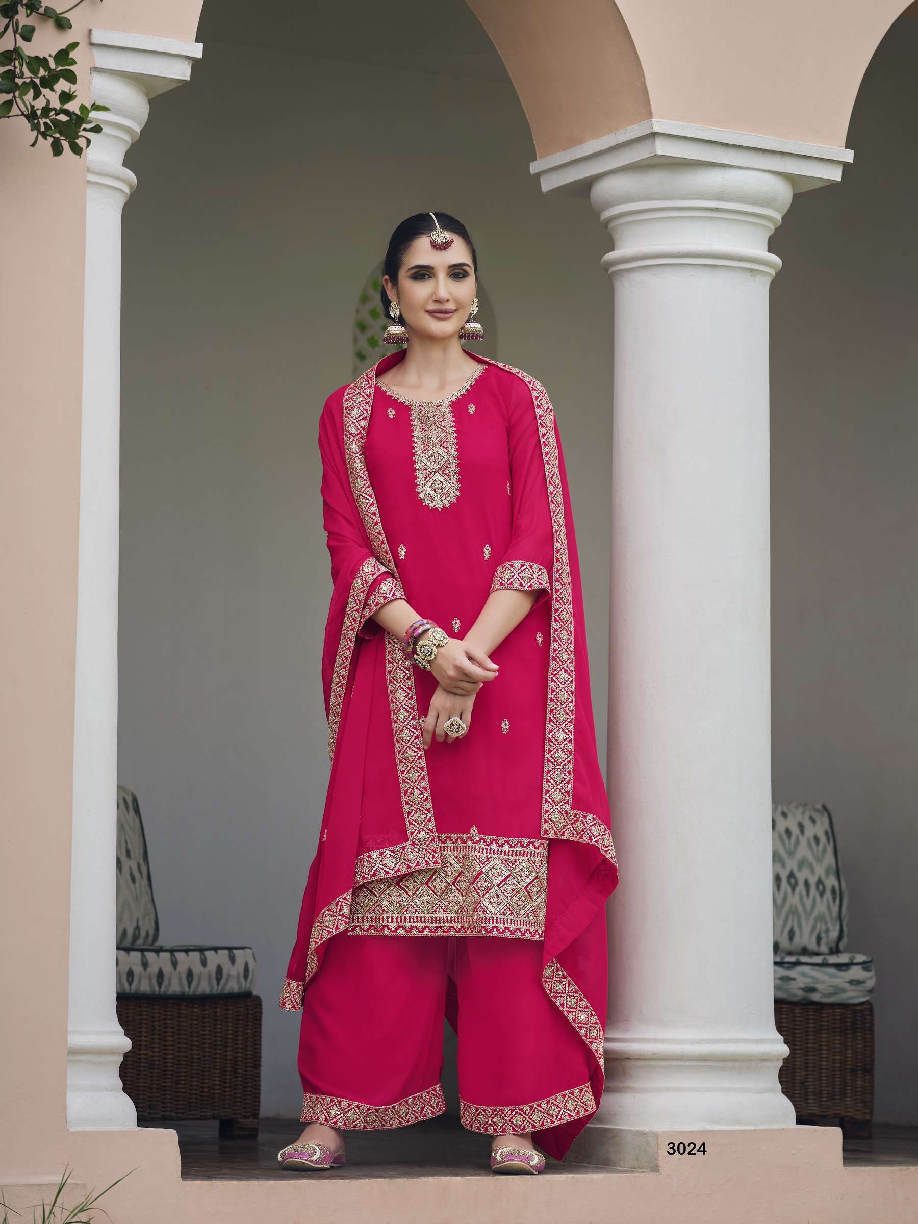 INDIAN DESIGNER FANCY WEDDING PARTY WEAR PINK GEORGETTES PALLAZO SHARARA SALWAR SUIT SENHORA AMYRA 3024