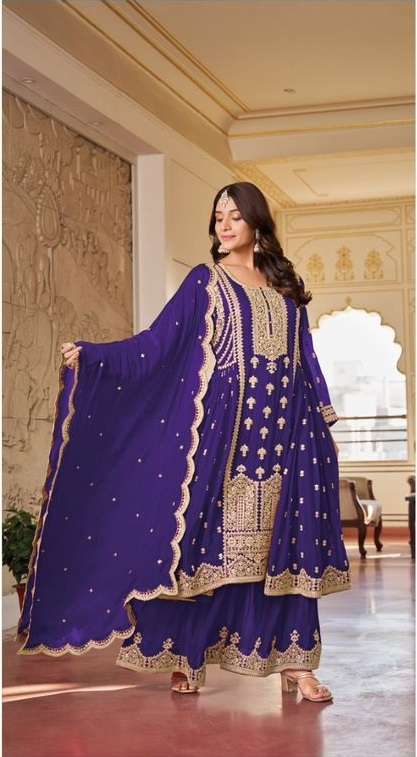 INDIAN DESIGNER FANCY WEDDING PARTY WEAR PURPLE CHINON PALLAZO SHARARA SALWAR SUIT RH GLORINA 1002