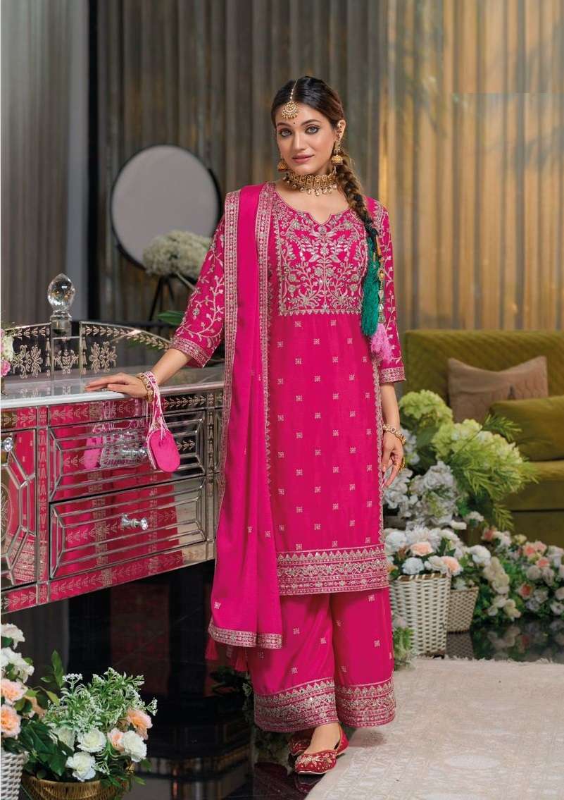 INDIAN DESIGNER FANCY WEDDING PARTY WEAR RANI PINK CHINON PALLAZO SHARARA SALWAR SUIT DST EB SHAYONI 1708