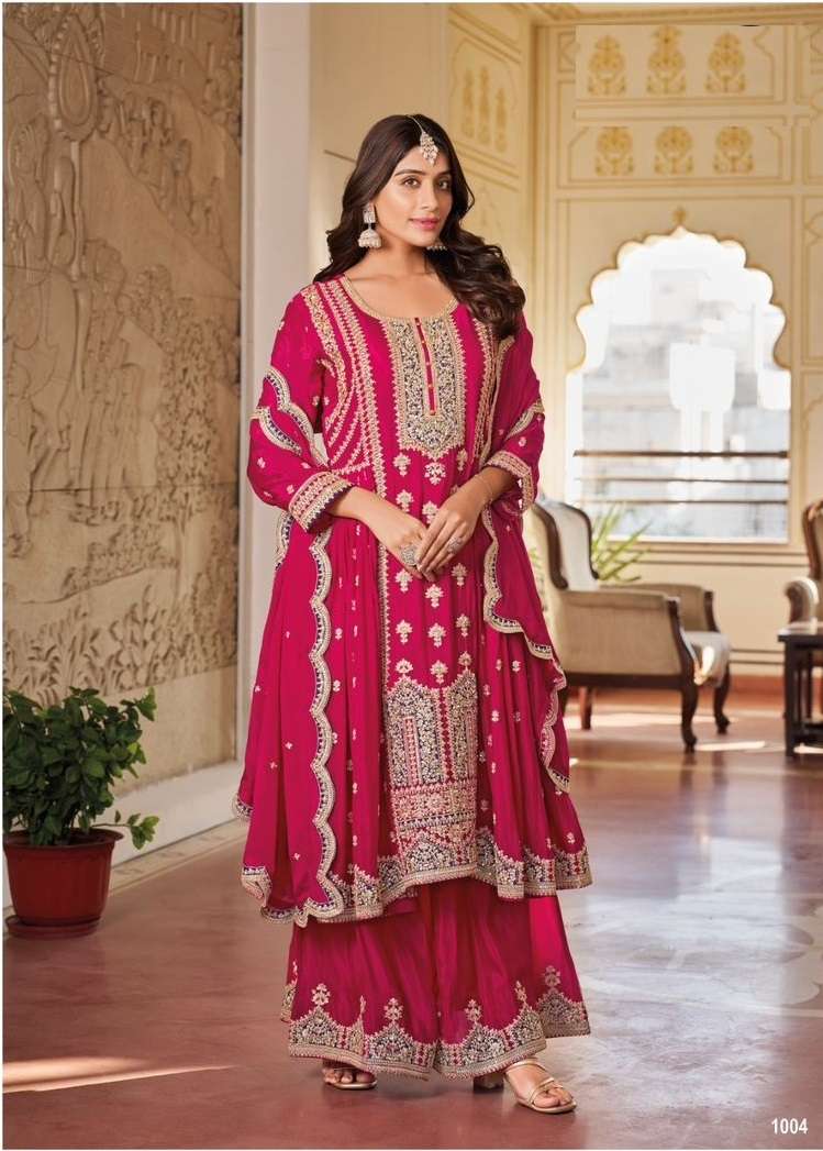 INDIAN DESIGNER FANCY WEDDING PARTY WEAR RANI PINK CHINON PALLAZO SHARARA SALWAR SUIT RH GLORINA 1004