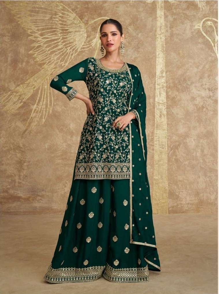 INDIAN DESIGNER FANCY WEDDING PARTY WEAR REAL CHINON GREEN PALLAZO SHARARA SALWAR SUIT SY VIHANI 5612