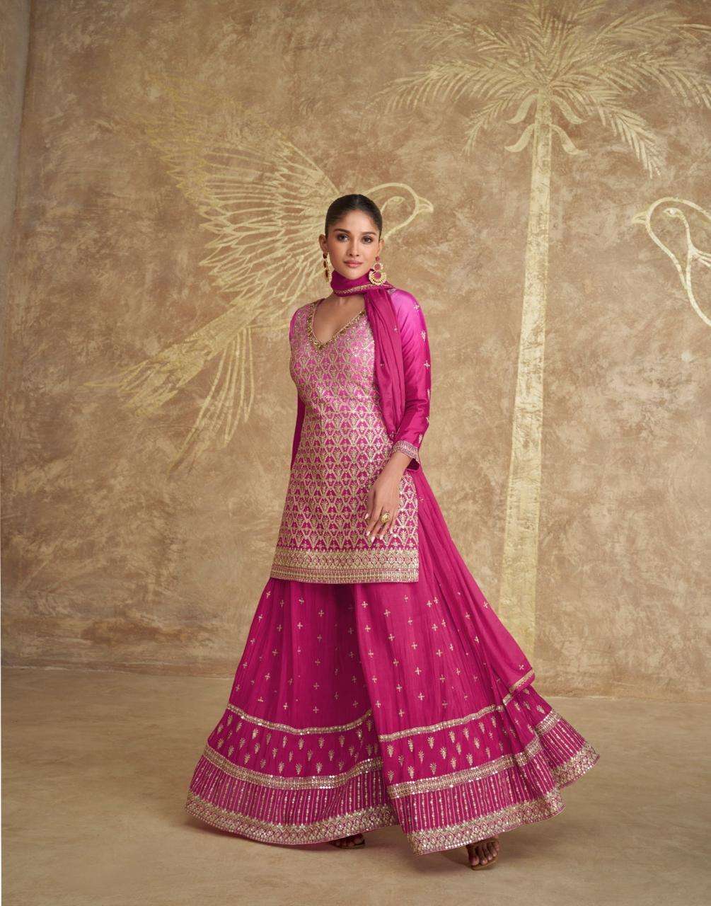 INDIAN DESIGNER FANCY WEDDING PARTY WEAR REAL CHINON PINK PALLAZO SHARARA SALWAR SUIT SY VIHANI 5613