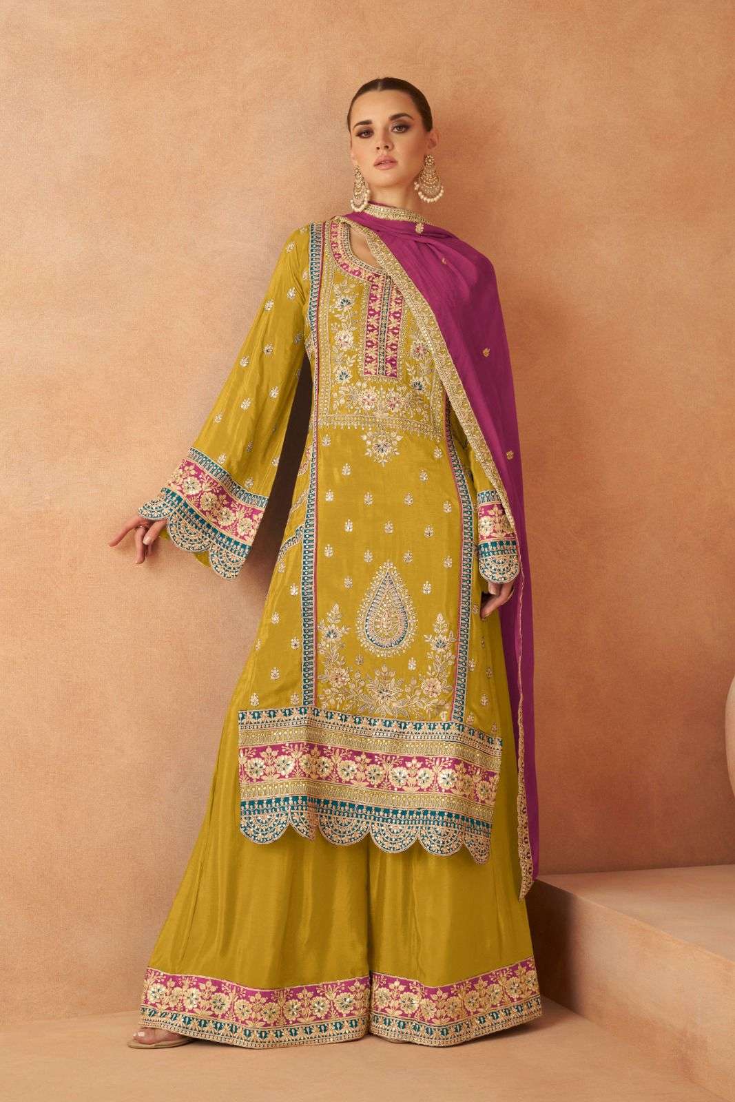 INDIAN DESIGNER FANCY WEDDING PARTY WEAR REAL CHINON YELLOW PALLAZO SHARARA SALWAR SUIT GL PARI 7450 A