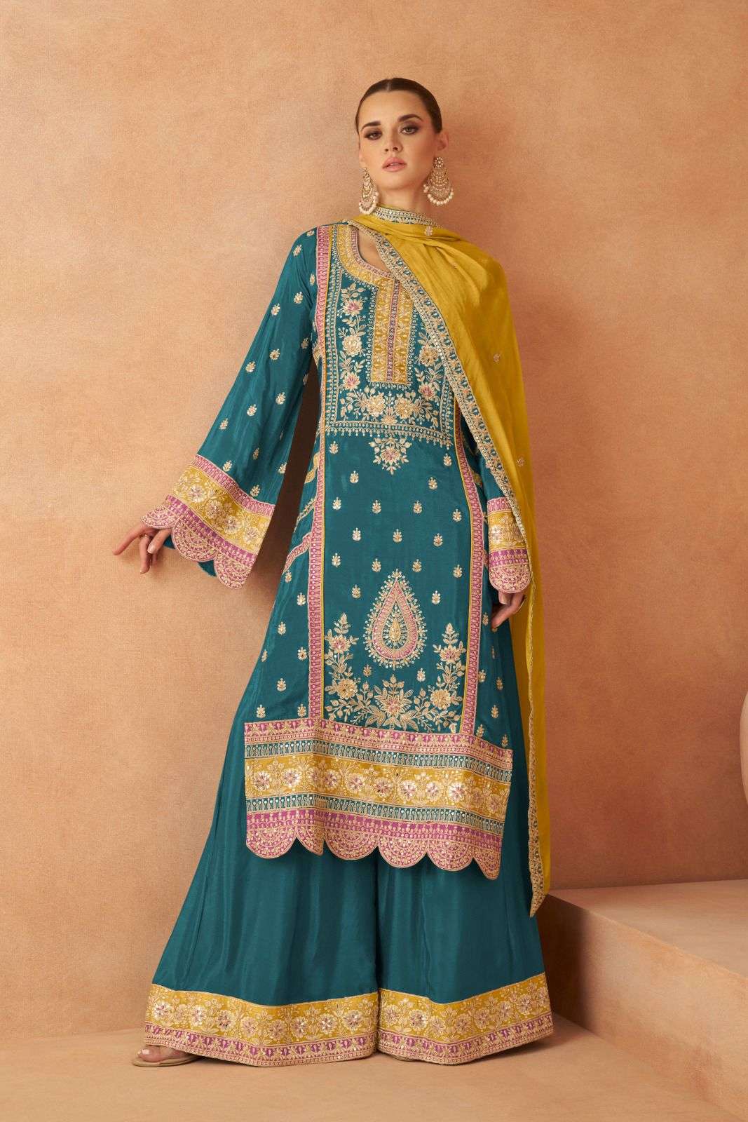 INDIAN DESIGNER FANCY WEDDING PARTY WEAR REAL CHINON GREEN PALLAZO SHARARA SALWAR SUIT GL PARI 7450 B