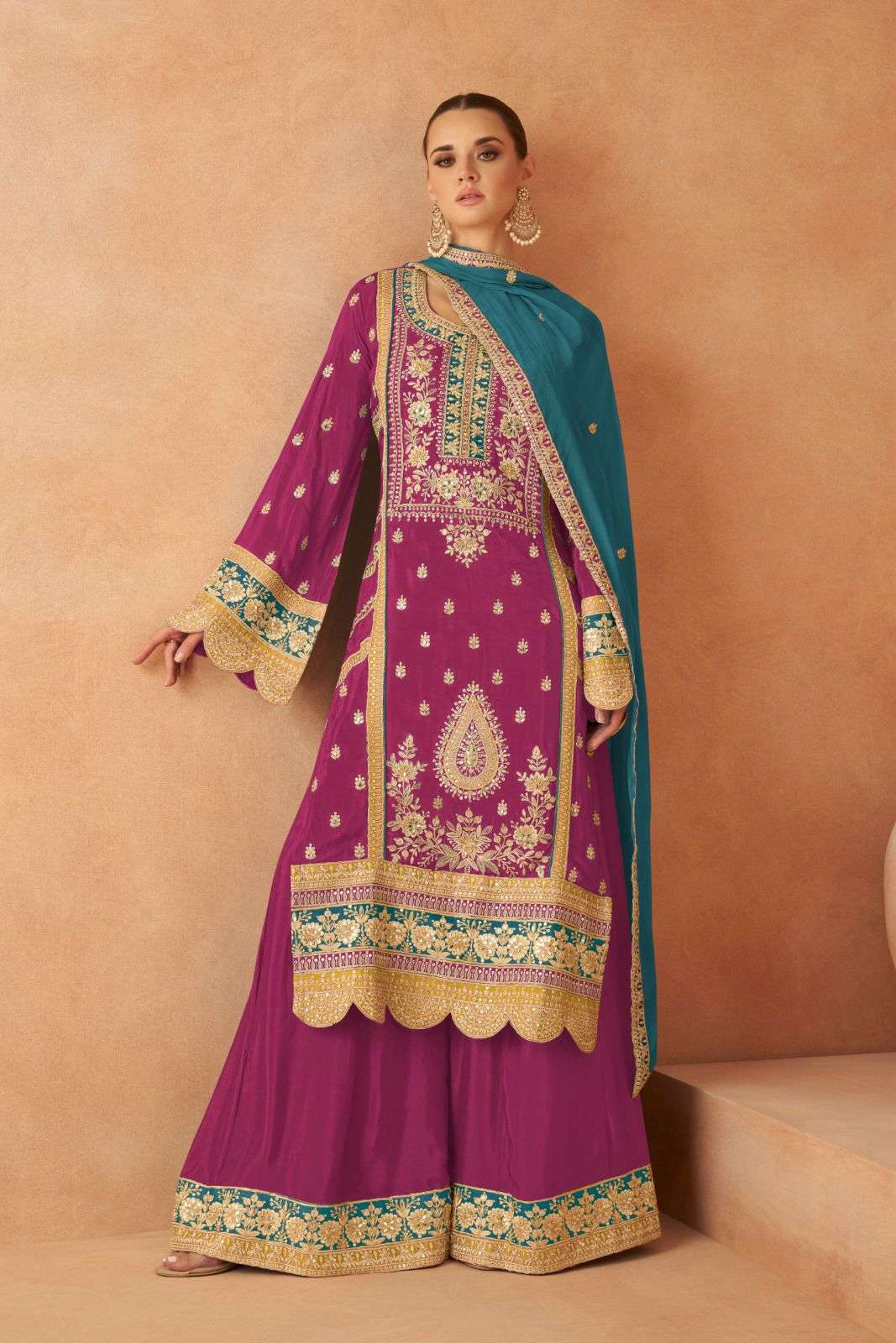 INDIAN DESIGNER FANCY WEDDING PARTY WEAR REAL CHINON PINK PALLAZO SHARARA SALWAR SUIT GL PARI 7450 C