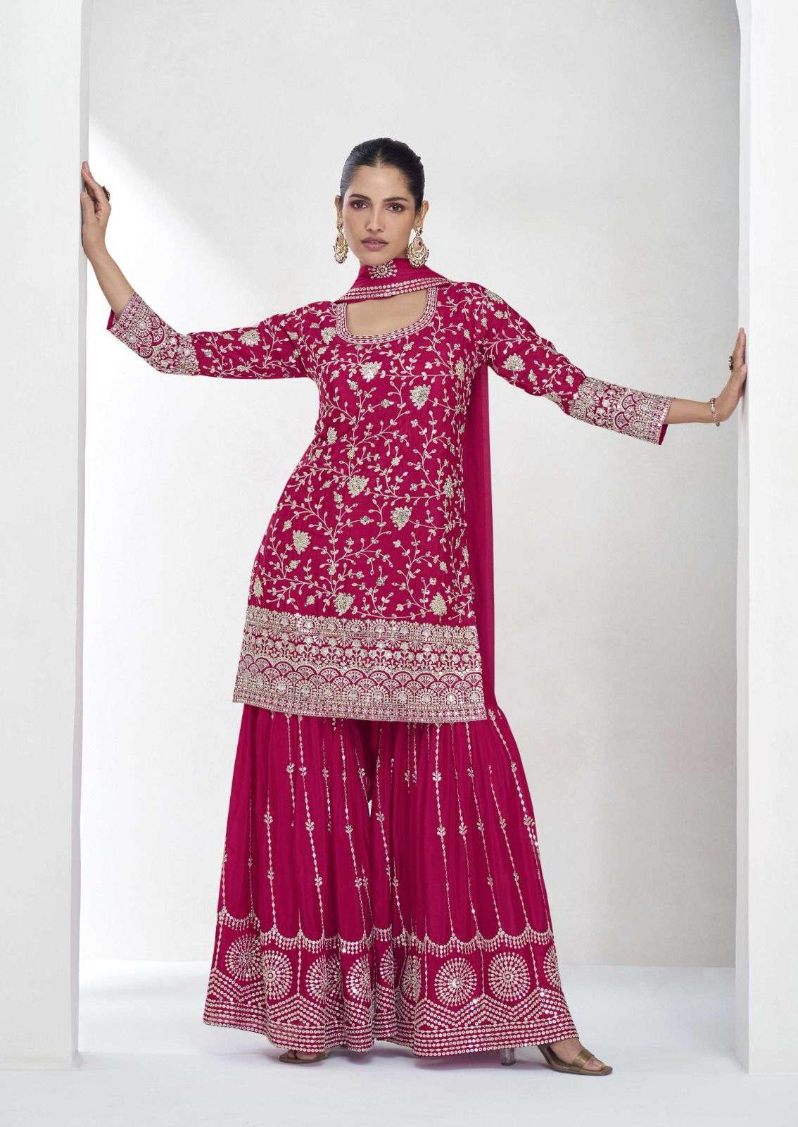 INDIAN DESIGNER FANCY WEDDING PARTY WEAR REAL CHINON PINK PALLAZO SHARARA SALWAR SUIT AF 10338