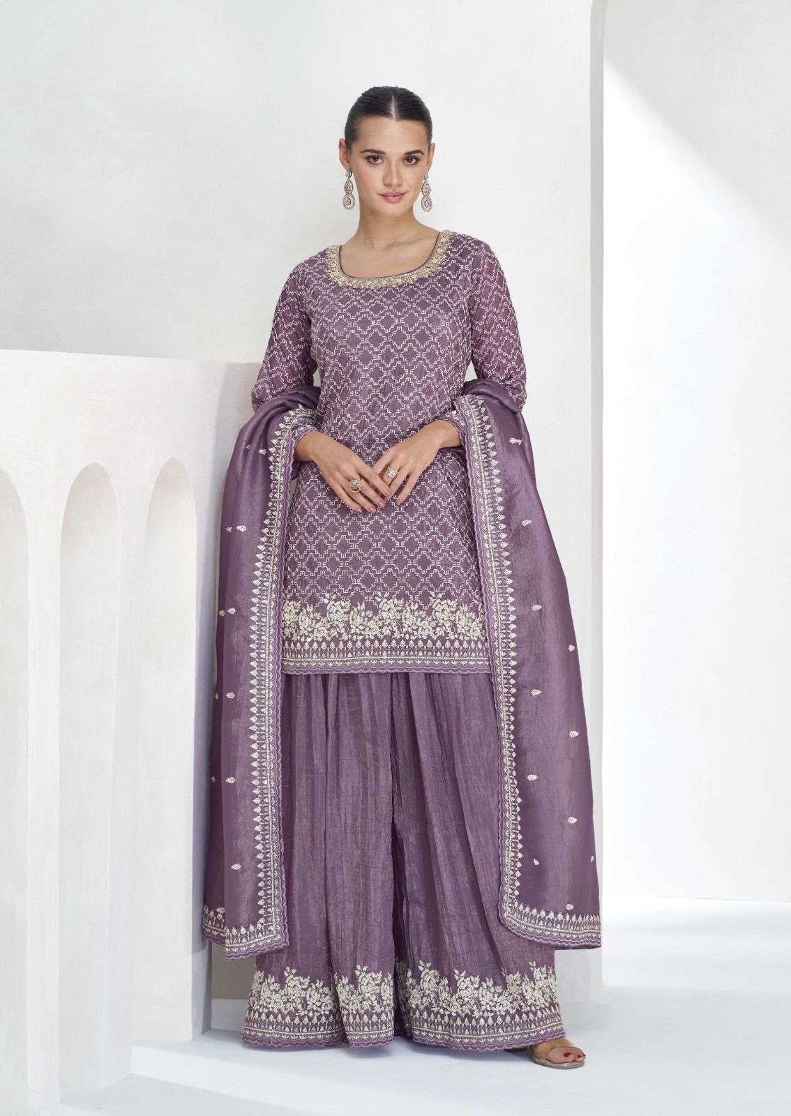 INDIAN DESIGNER FANCY WEDDING PARTY WEAR REAL CHINON LAVENDER PALLAZO SHARARA SALWAR SUIT AF 10339