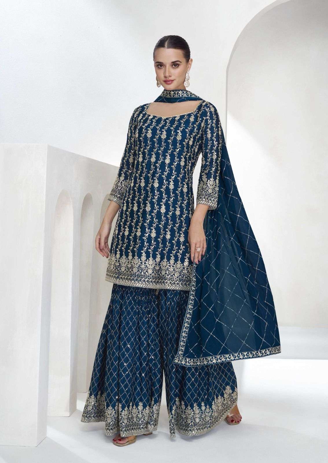 INDIAN DESIGNER FANCY WEDDING PARTY WEAR REAL CHINON PALLAZO SHARARA SALWAR SUIT AF 10340