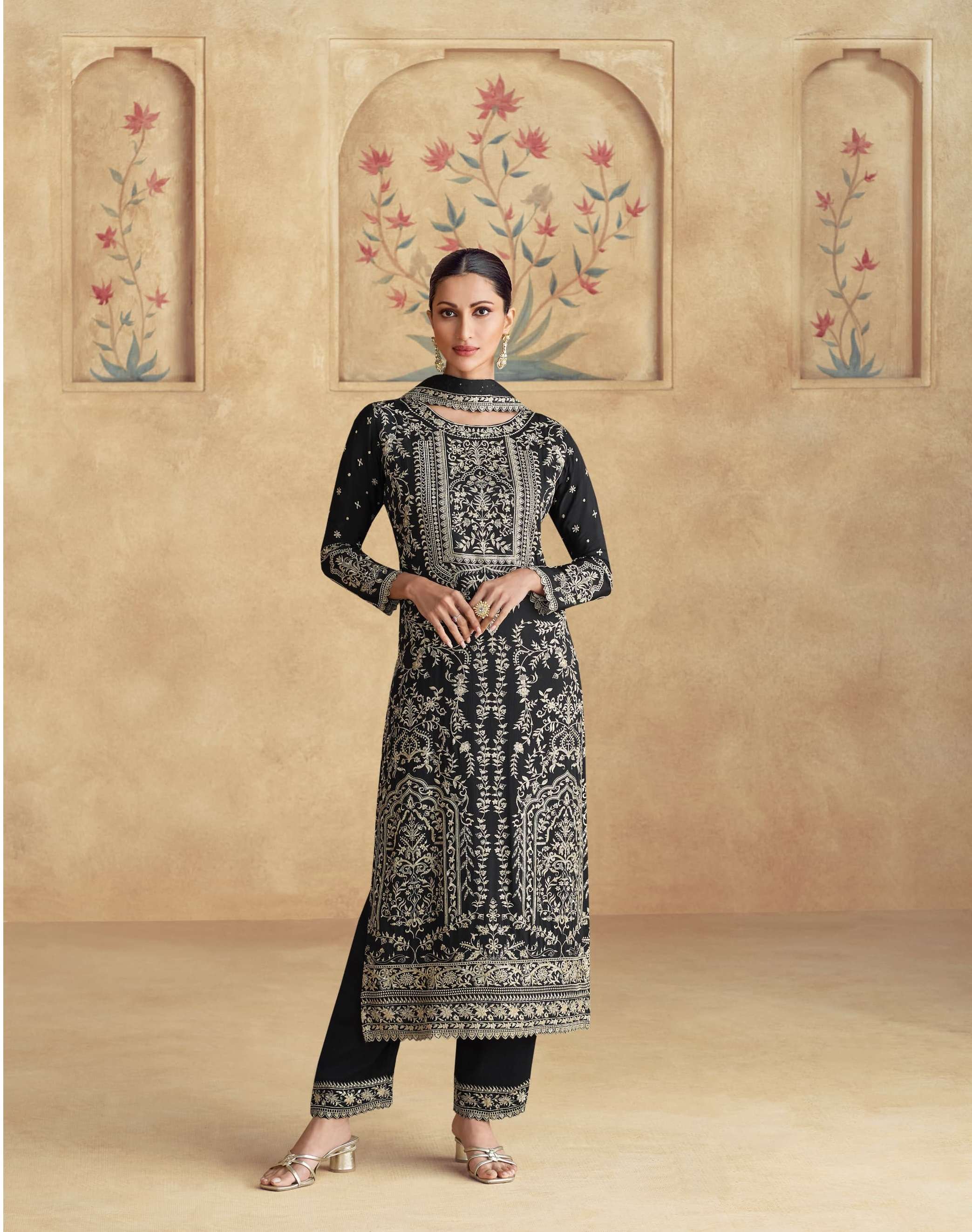 INDIAN DESIGNER FANCY WEDDING PARTY WEAR REAL CHINON BLACK PALLAZO SHARARA SALWAR SUIT AF AMARA 10067