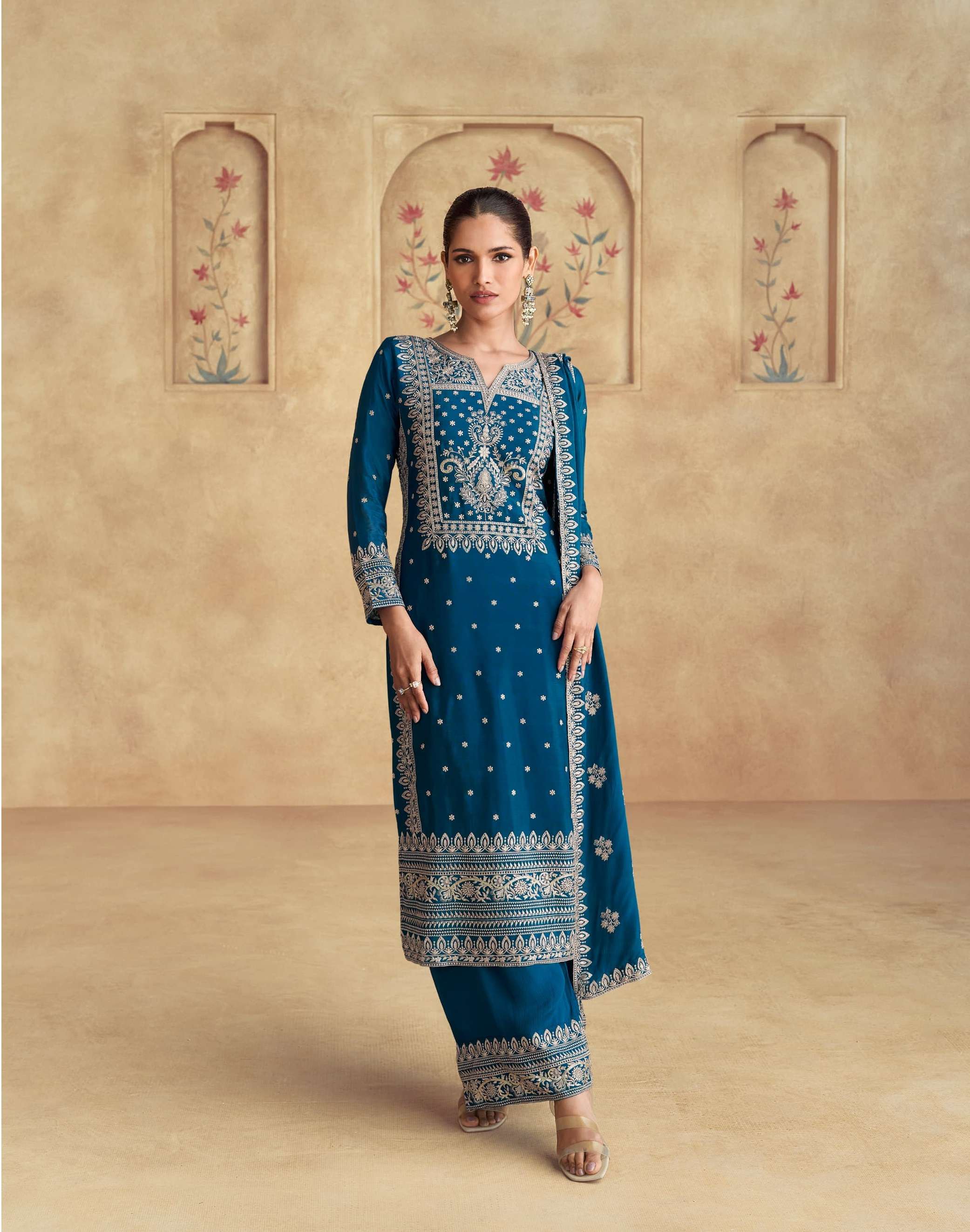 INDIAN DESIGNER FANCY WEDDING PARTY WEAR REAL CHINON BLUE PALLAZO SHARARA SALWAR SUIT AF AMARA 10068