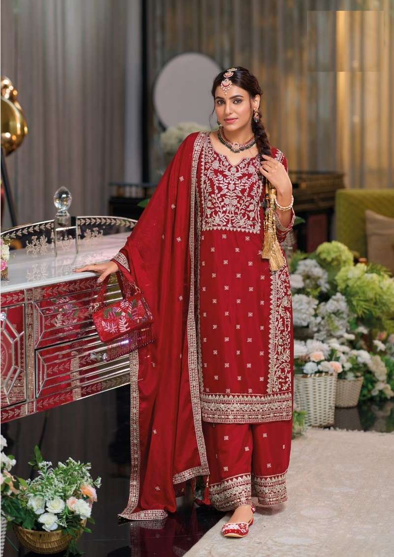 INDIAN DESIGNER FANCY WEDDING PARTY WEAR RED CHINON PALLAZO SHARARA SALWAR SUIT DST EB SHAYONI 1710